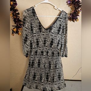 BeBop Black & White Patterned Half-Sleeve A-Line Dress with Cinched Waist